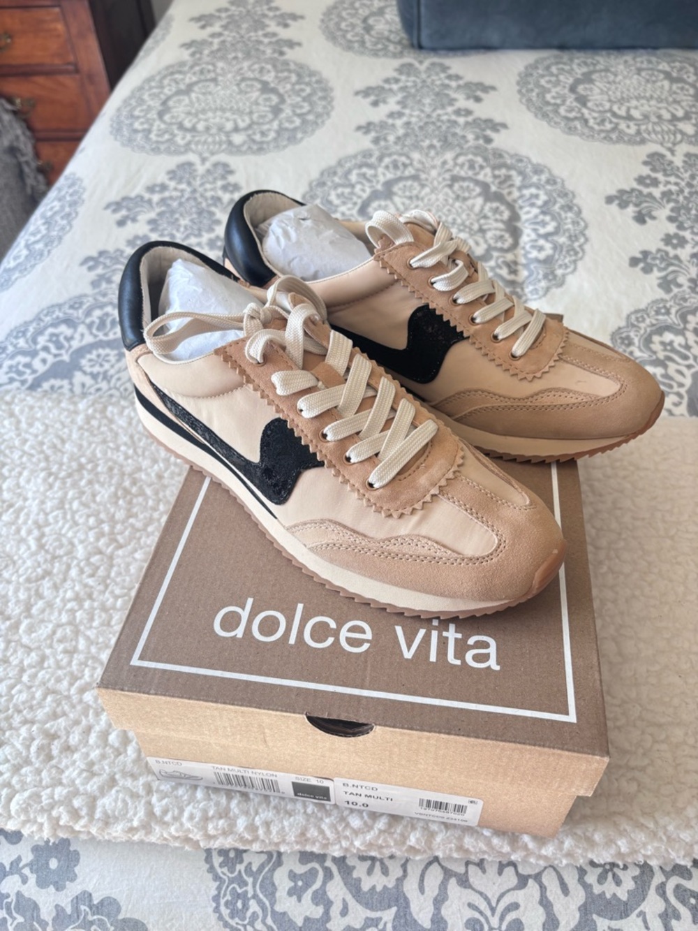 Dolce Vita Beige and Black Retro Lace-Up Sneakers